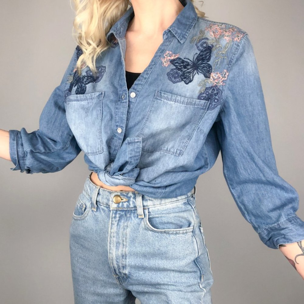 Embroidered Denim Button Up Shirt